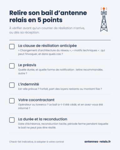 Check-list : relire son bail d’antenne relais en 5 points (clause de résiliation, préavis, indemnité, cocontractant, durée et reconduction)