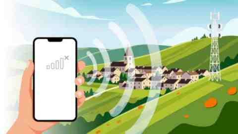 Illustration d’un village de campagne en zone blanche, avec un smartphone sans réseau et une antenne relais sur la colline